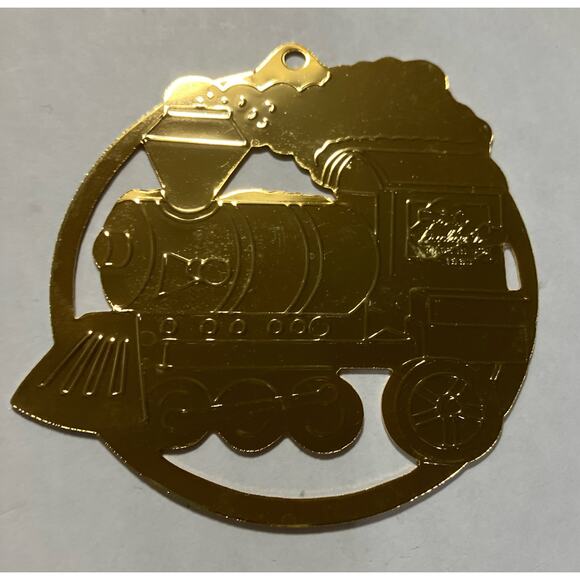 Brass 2.5" Ornament Gold Metal Etched Train Engine Teddy Bear Gloria Duchin - Picture 4 of 6